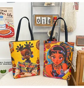 Sac cabas en toile à imprimé fille noire tendance style rétro grande capacité épaule
