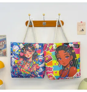 Süße Anime-Druck Canvas Umhängetasche für Damen, lässige Shopping-Tragetasche mit dickem Seil.