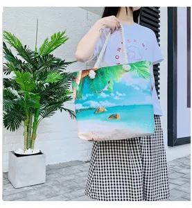 Borsa shopper in tela casual con stampa di spiaggia tropicale, grande borsa a spalla