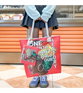 Sac cabas en toile avec imprime graphique de fille noire, sac d epaule decontractee.