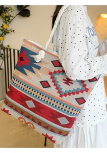 Stylish ethnic totem printed canvas shoulder tote bag featuring thick hemp rope straps.