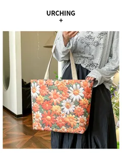 Bolso de hombro informal de lona con hermoso bordado de margaritas, bolso tote grande.