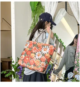 Bolso de hombro de lona bordado con flores grandes, elegante bolso casual diario.