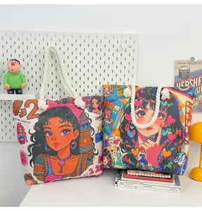 Niedliche Canvas Tragetasche für Damen, stilvolle Cartoon Anime gedruckte Schultertasche.