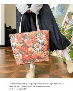 Bolso de hombro de lona estilo coreano con bordado floral y gran capacidad informal.