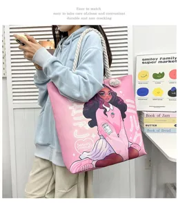 Casual τσάντα ώμου καμβά με τύπωμα anime κορίτσι μεγάλη χωρητικότητα καθημερινή