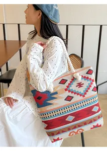 Boho tribal embroidered canvas tote bag with thick twisted rope handles for daily casual use details