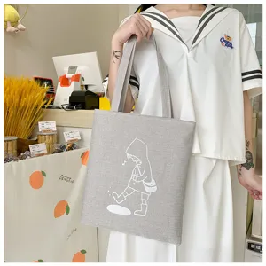 Borsa shopper in tela di lino grigia con simpatica stampa cartoon, borsa a tracolla casual versatile.