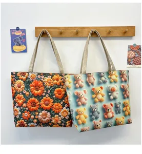 Bolso tote de lona estilo coreano con oso y flores, bolso de hombro grande y casual para diario.