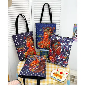 Large capacity canvas tote bag with stylish African woman print, casual shoulder bag for daily use.