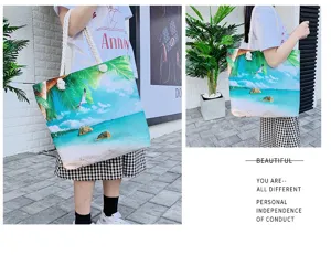 Borsa shopper in tela casual con stampa spiaggia, elegante borsa a tracolla estiva.