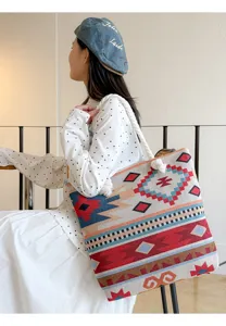 Bohemian ethnic embroidered tote bag with thick rope handle, large capacity casual shoulder bag.