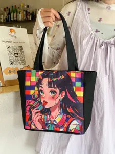 Bolso tote negro de lona con estampado de chica anime pop art colorida, elegante bolso de mano.