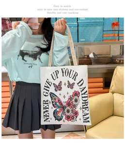 Bolso tote de lona casual con estampado de mariposas, bolso de hombro grande para mujer.
