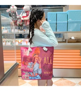 Sac cabas en toile avec imprime graphique de femme noire, sac a main d'epaule leger pour shopping.