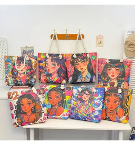 Niedliche Canvas Tasche mit buntem Anime Mädchen Druck, große lässige Umhängetasche für den Alltag.