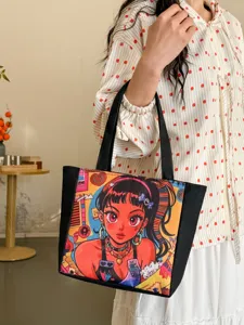 Bolso tote de lona de moda con estampado de chica de dibujos animados para uso diario.