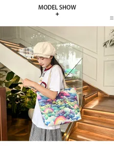 Bolso de lona casual con estampado de paisaje de ensueño colorido, gran bolso.