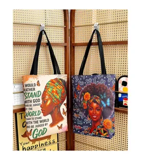 Large capacity canvas tote bag with artistic Black women print, stylish shoulder bag for daily use.