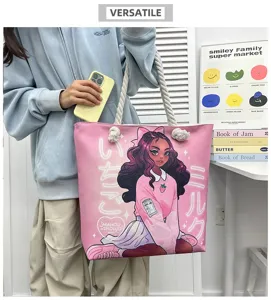Γυναικεία τσάντα shopper από καμβά, μεγάλη τσάντα ώμου με στάμπα anime κοριτσιού και χοντρά χερούλια.