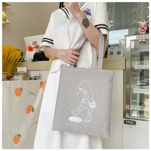Borsa a tracolla in tela di lino grigia con stampa di ragazza cartone animato, borsa casual.
