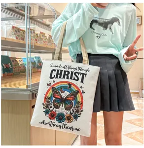 Bolso tote de lona con estampado de mariposa y arco iris, bolso de hombro casual grande.
