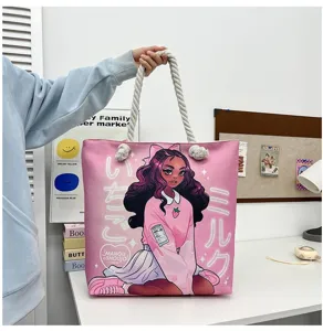 Ροζ τσάντα καμβά tote με τύπωμα anime κοριτσιού και χοντρές λαβές σχοινιού, μεγάλη τσάντα παραλίας.