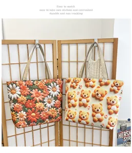 Bolso Tote de Lona Casual Flores Margarita 3D Osito Bordado Gran Capacidad Bolso