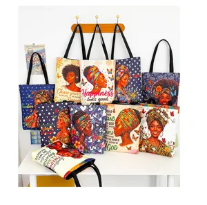 African American women art canvas tote bag large capacity shoulder bag casual handbag