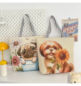 Niedliche Welpen-Muster Canvas-Tragetasche für Damen, große Kapazität lässige Umhängetasche.
