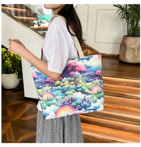 Bolso tote grande de lona casual bolso de hombro con estampado de paisaje colorido para mujer