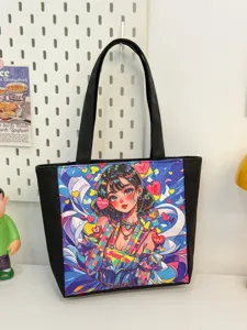 Bolso tote de lona de moda con estampado de chica anime colorida para compras diarias casuales.