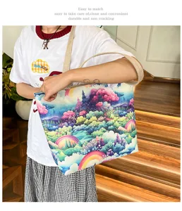 Bolso de hombro de lona de gran capacidad con estampado de paisaje fantastico colorido, bolso informal.