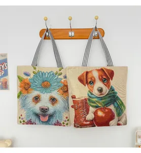 Große Canvas Tragetasche lässige Schultertasche mit niedlichem Hundemotiv und Streifengriffen.