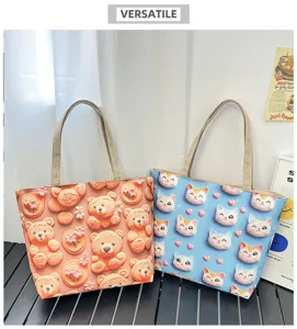 Bolso tote de lona informal con lindo diseño de oso y gato bordado en 3D, gran capacidad.