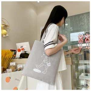 Borsa shopper in tela di lino grigia con stampa di ragazza di cartone animato, borsa a spalla casual.