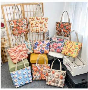 Bolso tote de lona estilo coreano gran capacidad lindo diseño de dibujos animados y flores