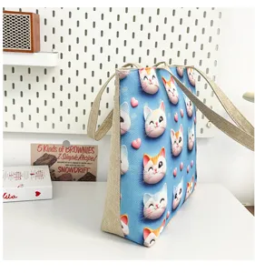 Bolso tote de lona informal con bonito diseño de gato, gran bolso de hombro práctico.