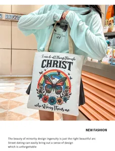 Bolso tote de lona con estampado de mariposa y arcoíris, bolso de hombro casual para mujer.