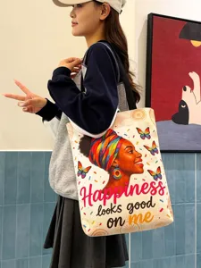 Canvas tote bag with art portrait, large capacity casual shoulder bag for daily use.
