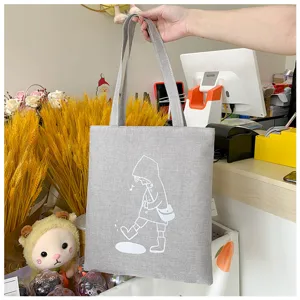 Borsa tote in tela di lino grigia con stampa d'arte di linee di cartoni animati, borsa a spalla.