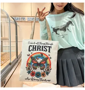 Bolso tote de lona con estampado de mariposa arcoíris, bolso de hombro para uso diario.
