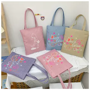 Borsa Tote Casual in Tela di Lino Carino Cartone Animato Studente Borsa Shopping Donna