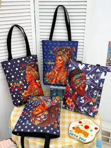 Canvas tote bag for women, black art shoulder bag, large capacity casual grocery shopping bag.