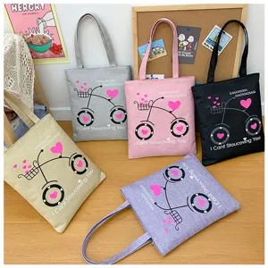 Borsa shopper in tela casual con stampa bicicletta e cuori, borsa versatile per studenti.