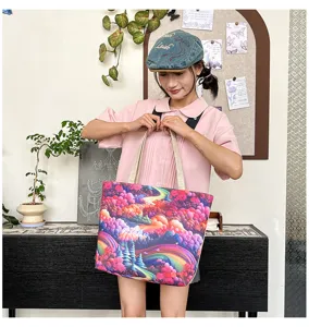 Bolso tote de lona casual coreano gran capacidad impresión paisaje colorido para hombro