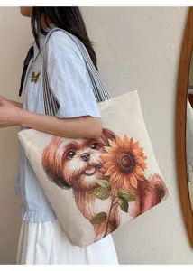 Große Segeltuch Tragetasche mit süßem Hund und Sonnenblumen Muster für Damen Alltag.