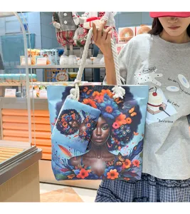 Sac cabas en toile avec pochette assortie, impression florale fille noire artistique sac