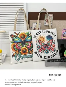 Bolso tote de lona de gran capacidad retro con estampado de mariposa girasol mujer casual.