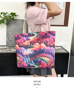 Bolso tote de lona para mujer, bolso de hombro grande con estampado de paisaje artístico colorido.